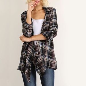 Plaid Flannel Cardigan with Crochet Detail